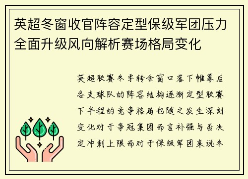 英超冬窗收官阵容定型保级军团压力全面升级风向解析赛场格局变化